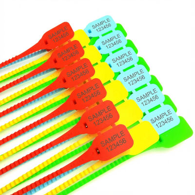 Sceaux en bandes en PP auto-verrouillable avec zone de marquage L 33 * W 25 mm et étiquette en plastique personnalisée
